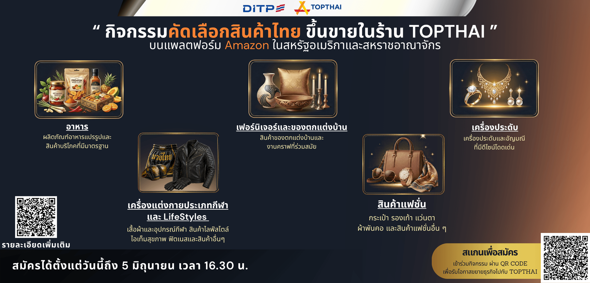 กิจกรรมคัดเลือกสินค้าไทยขึ้นขายในร้าน TOPTHAI บนแพลตฟอร์ม Amazon ในสหรัฐอเมริกาและสหราชอาณาจักร